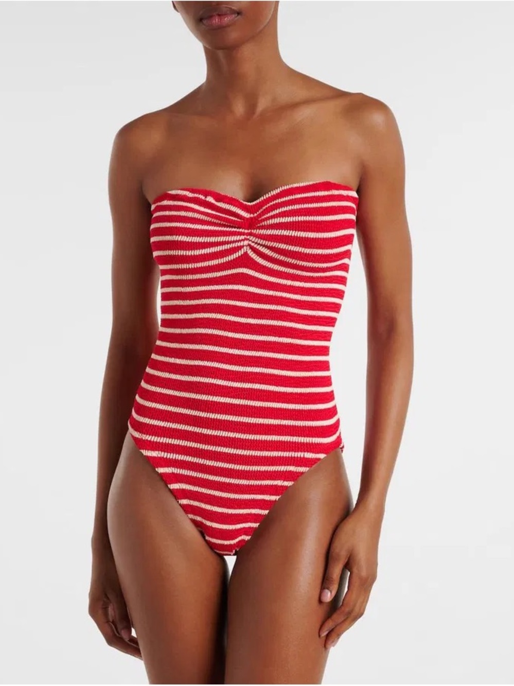 Hunza G Brooke Swimsuit Red White Striped Strapless One-Piece Bikini Crinkle